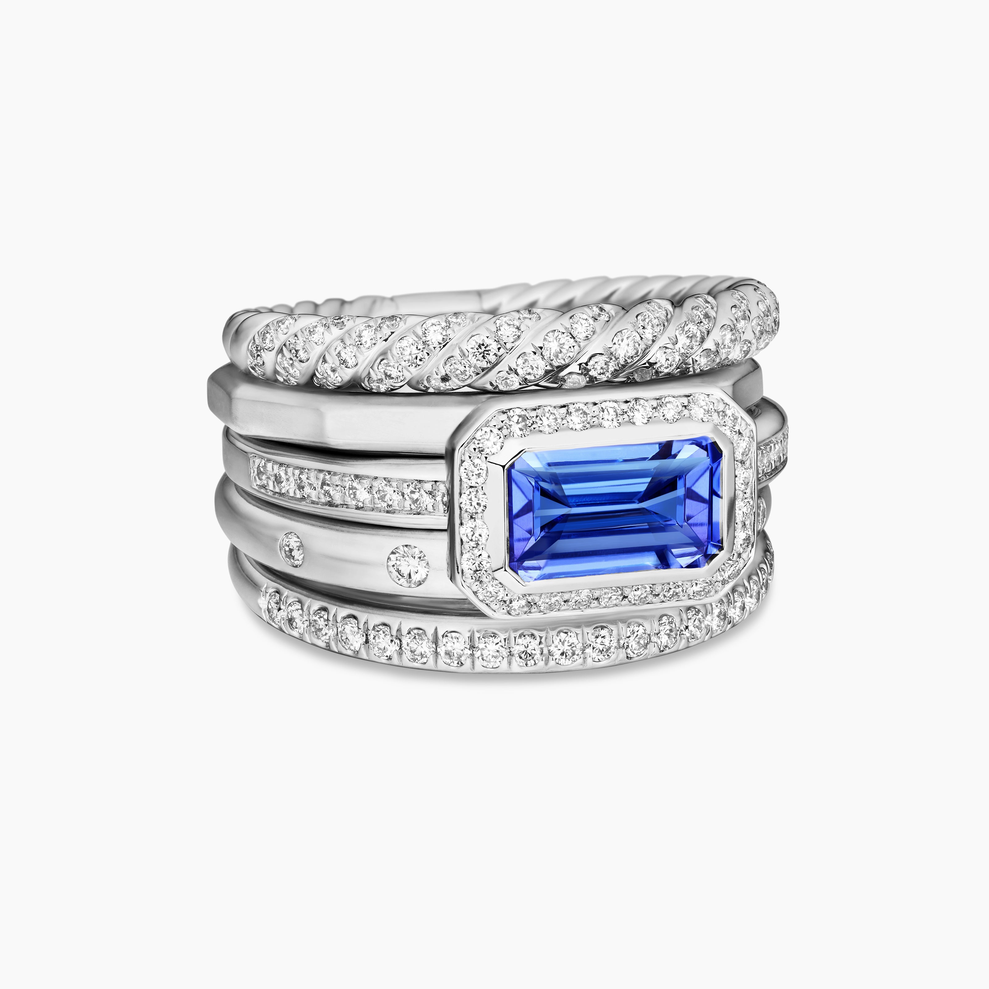 Womens Stax Five Row Ring in 18K White Gold with Diamonds, 14mm