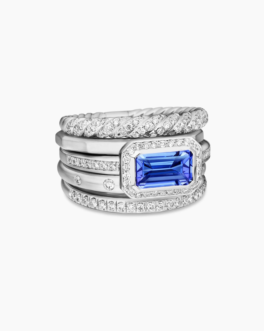 Womens Stax Five Row Ring in 18K White Gold with Diamonds, 14mm