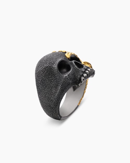 Mens Waves Skull Ring in Sterling Silver with 18ct Yellow Gold, 24mm