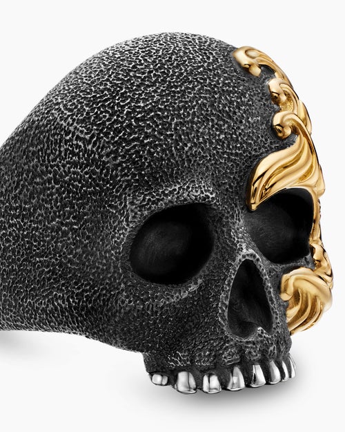 Mens Waves Skull Ring in Sterling Silver with 18ct Yellow Gold, 24mm