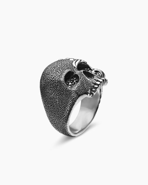 Mens Waves Skull Ring in Sterling Silver with Black Diamonds, 24mm