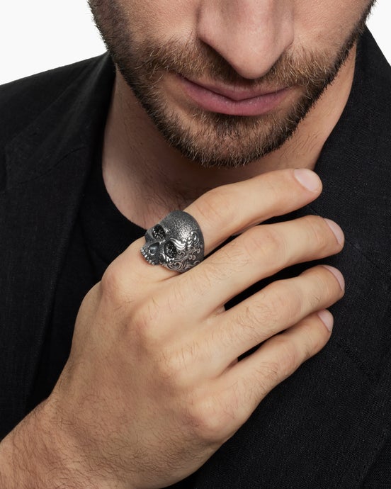 Waves Skull Ring in Sterling Silver with Black Diamonds, 24mm