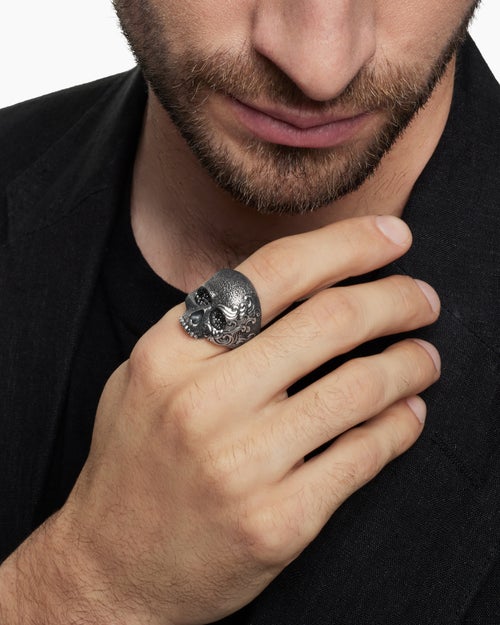 Mens Waves Skull Ring in Sterling Silver with Black Diamonds, 24mm