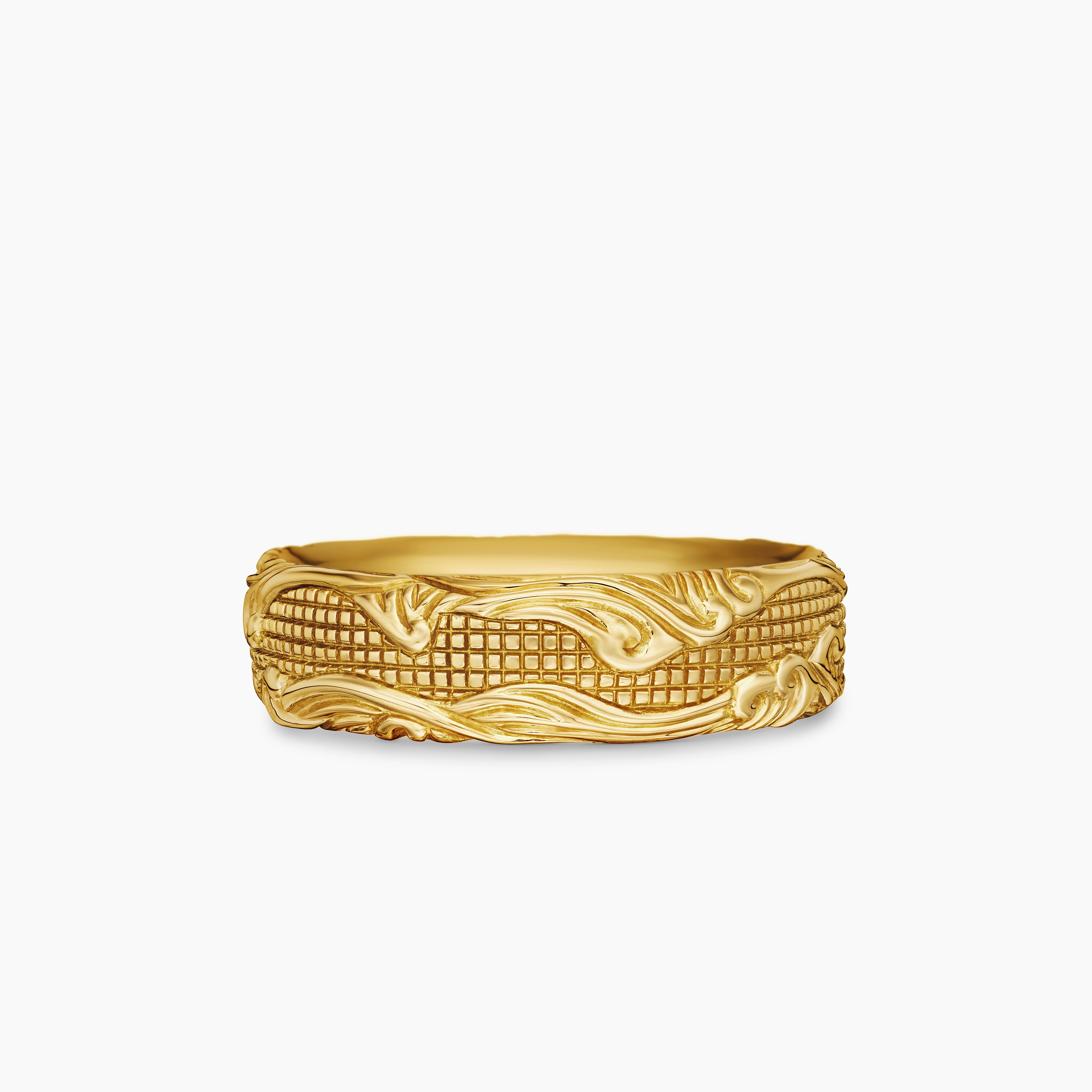 Mens Waves Band Ring in 18K Yellow Gold, 7mm