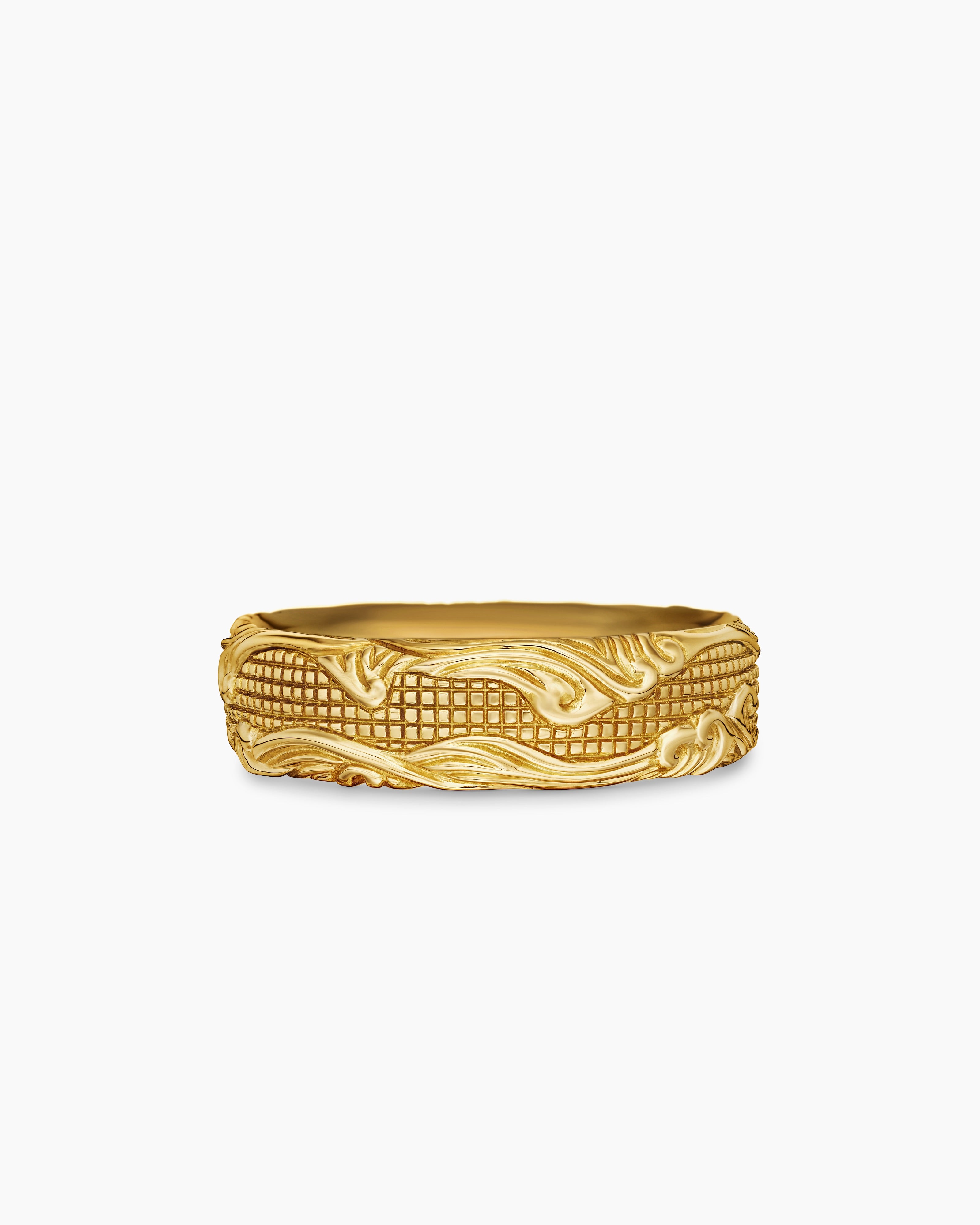 Mens Waves Band Ring in 18K Yellow Gold, 7mm