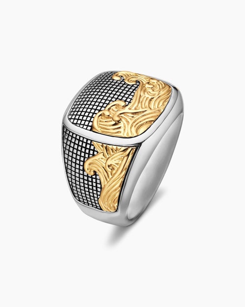 Mens Waves Signet Ring in Sterling Silver with 18K Yellow Gold, 18.8mm