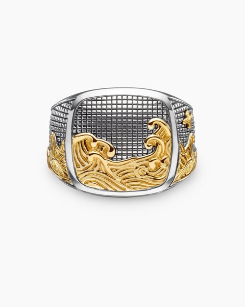 Mens Waves Signet Ring in Sterling Silver with 18K Yellow Gold, 18.8mm