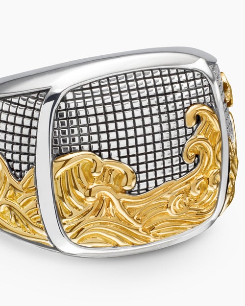 Mens Waves Signet Ring in Sterling Silver with 18K Yellow Gold, 18.8mm
