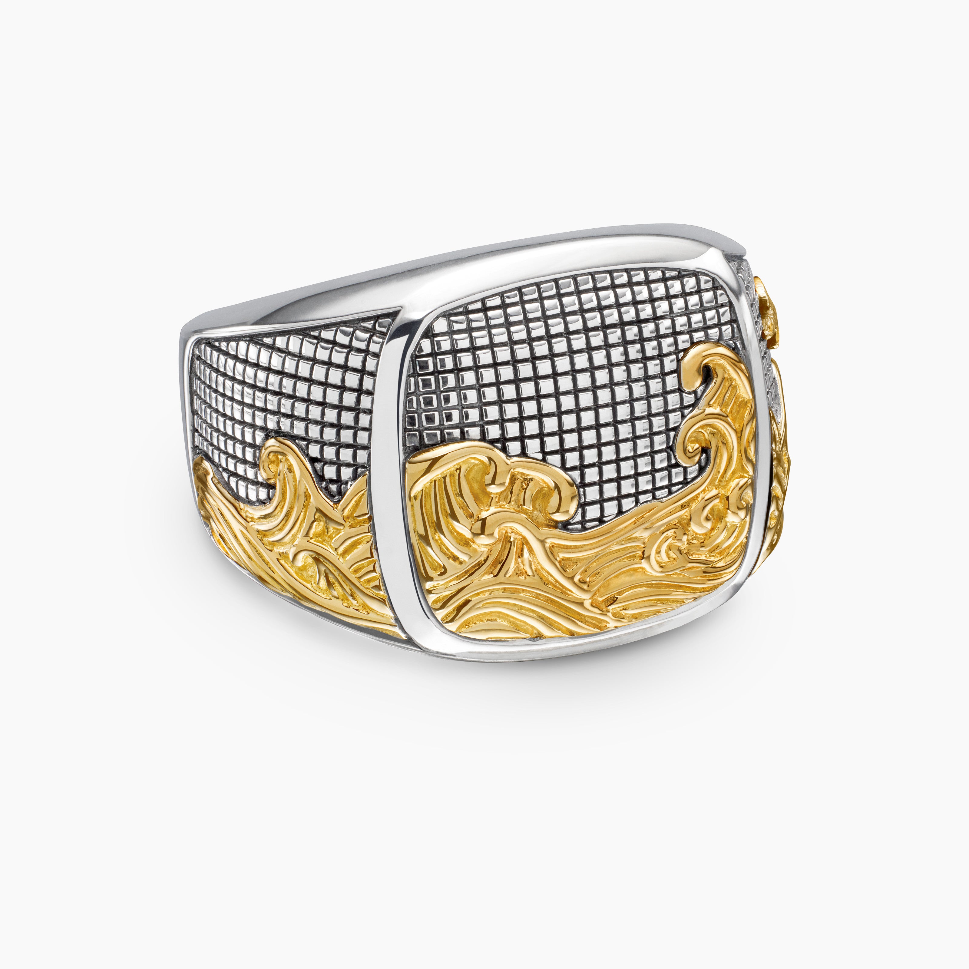 Mens Waves Signet Ring in Sterling Silver with 18K Yellow Gold, 18.8mm