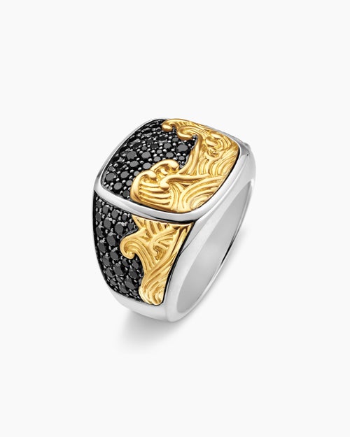 Mens Waves Signet Ring in Sterling Silver with 18K Yellow Gold and Black Diamonds, 18.8mm