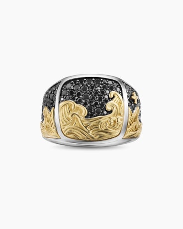 Waves Signet Ring in Sterling Silver with 18K Yellow Gold and Black Diamonds, 18.8mm