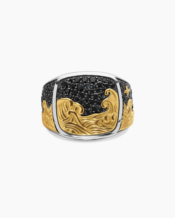 Waves Signet Ring in Sterling Silver with 18K Yellow Gold and Black Diamonds, 18.8mm