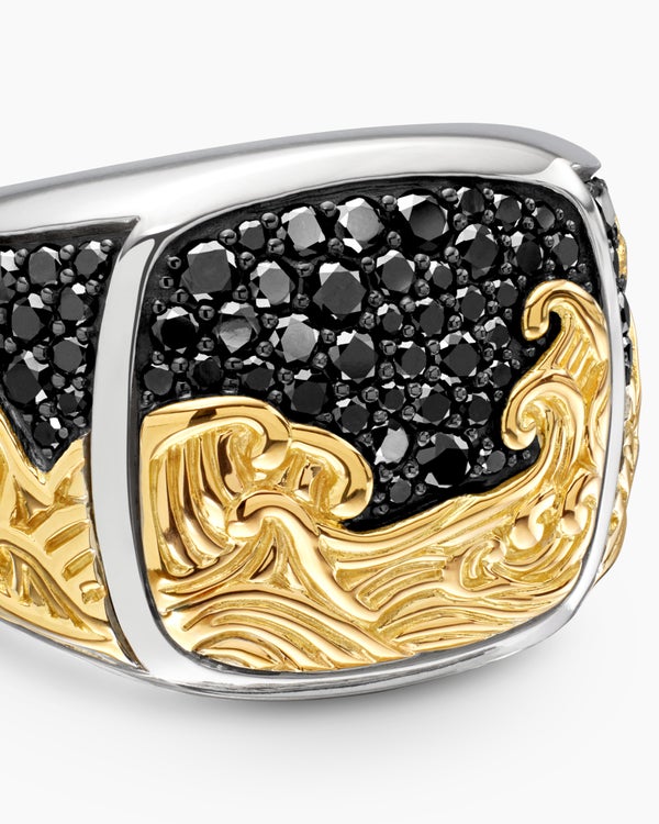 Waves Signet Ring in Sterling Silver with 18K Yellow Gold and Black Diamonds, 18.8mm