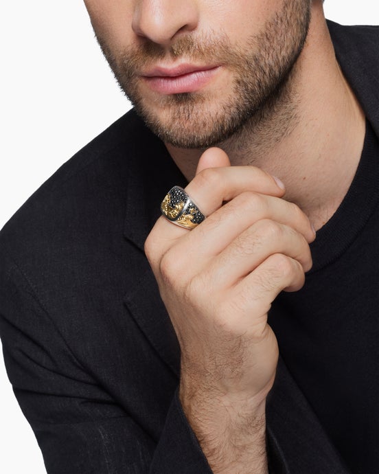 Waves Signet Ring in Sterling Silver with 18K Yellow Gold and Black Diamonds, 18.8mm