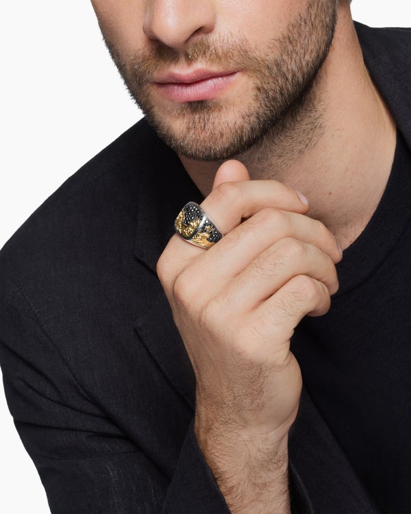 Waves Signet Ring in Sterling Silver with 18K Yellow Gold and Black Diamonds, 18.8mm