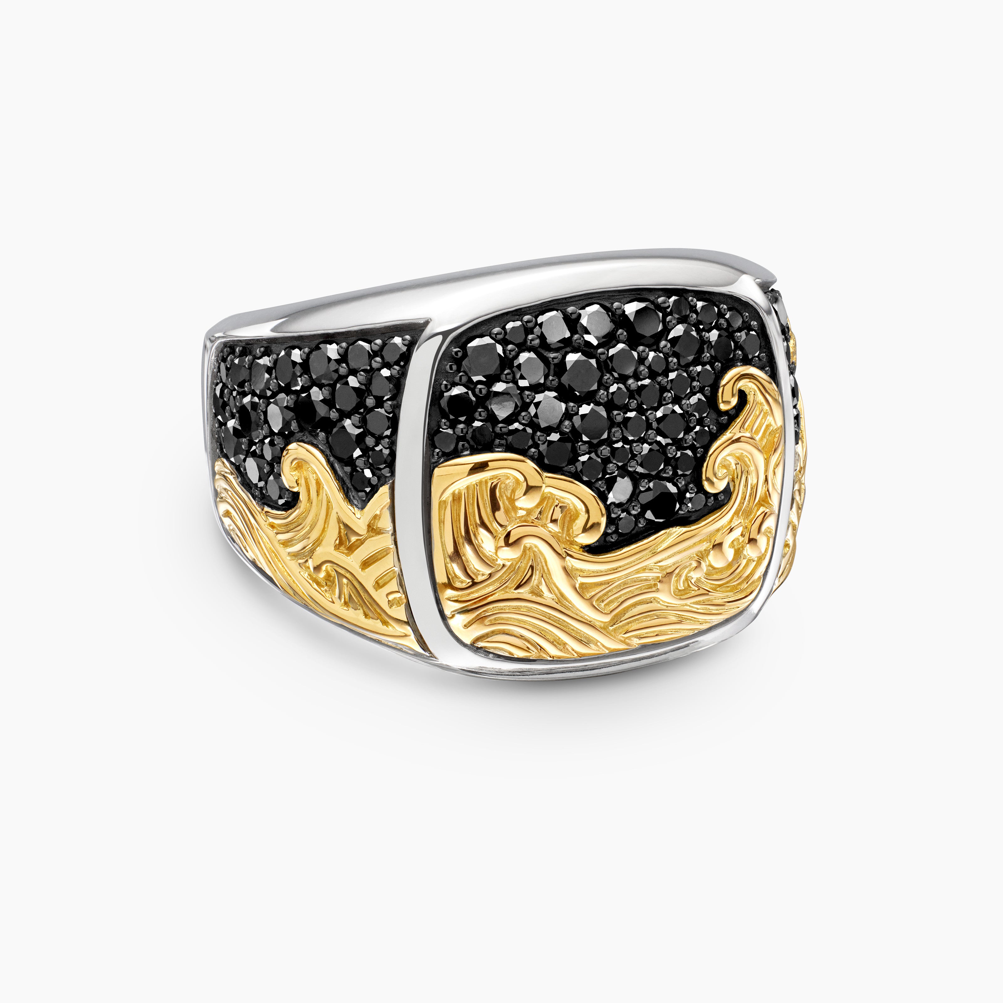 Mens Waves Signet Ring in Sterling Silver with 18K Yellow Gold, 18.8mm