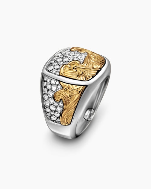 Mens Waves Signet Ring in Sterling Silver with 18K Yellow Gold and Diamonds, 18.8mm