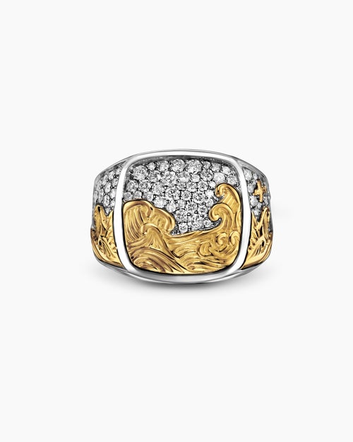 Mens Waves Signet Ring in Sterling Silver with 18K Yellow Gold, 18.8mm
