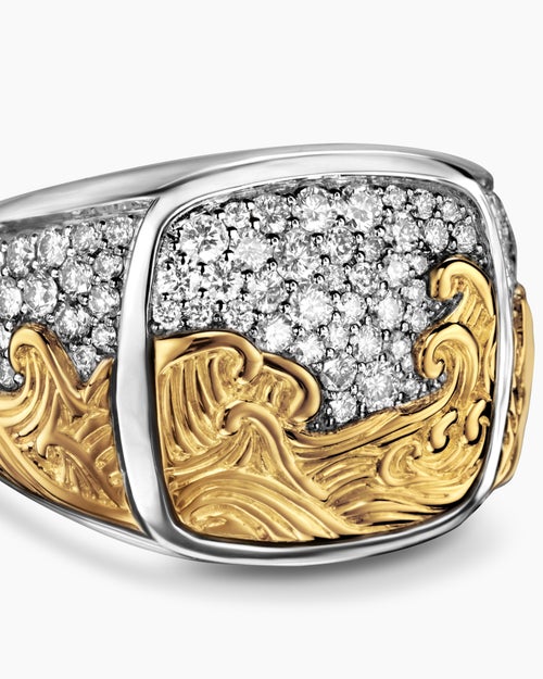 Mens Waves Signet Ring in Sterling Silver with 18K Yellow Gold and Diamonds, 18.8mm
