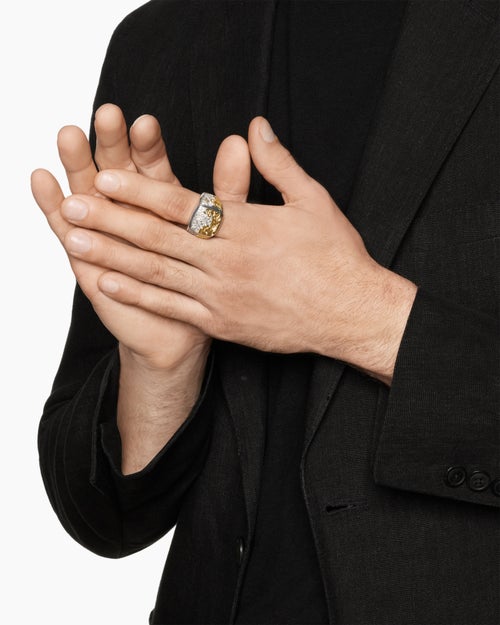 Mens Waves Signet Ring in Sterling Silver with 18K Yellow Gold and Diamonds, 18.8mm