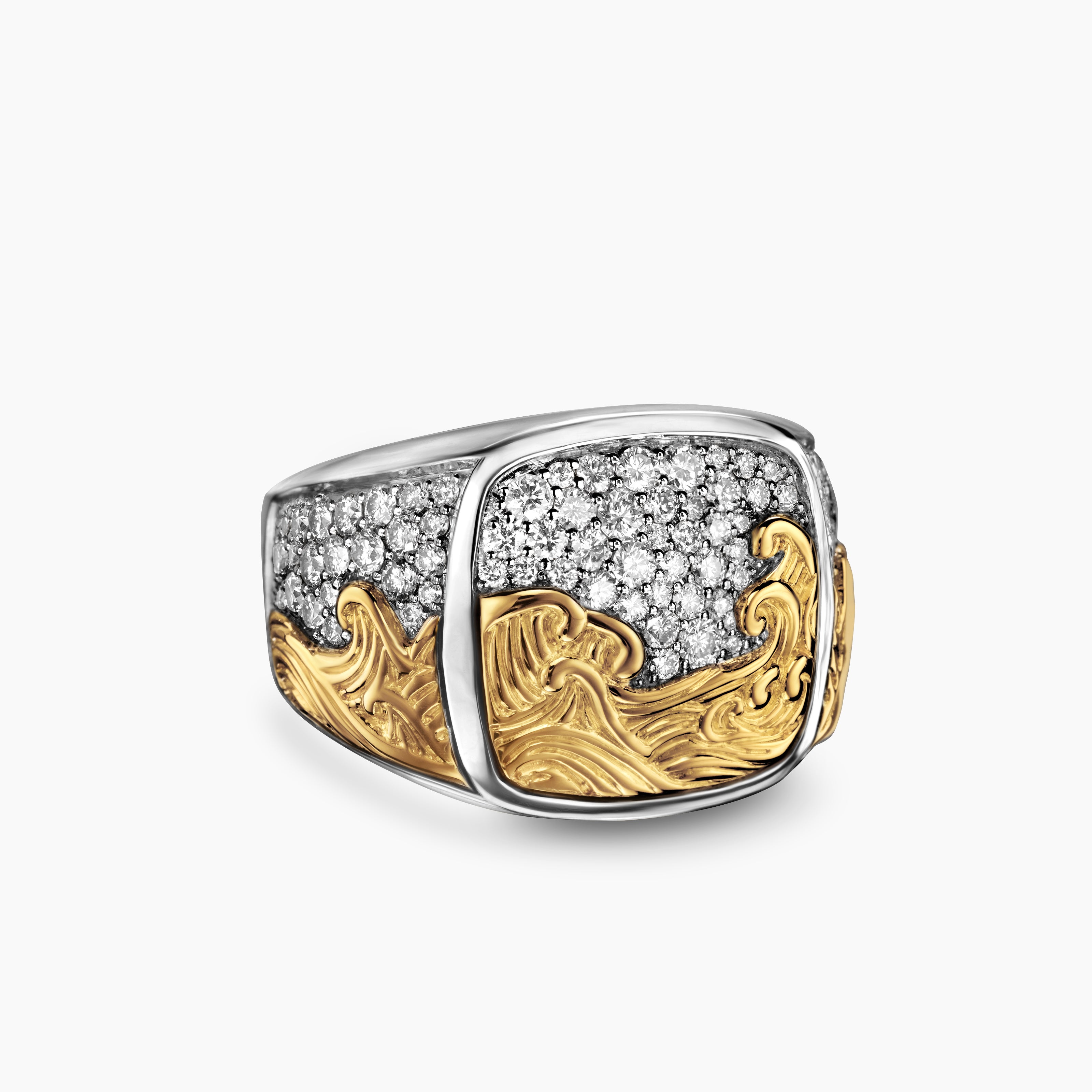 Mens Waves Signet Ring in Sterling Silver with 18K Yellow Gold, 18.8mm