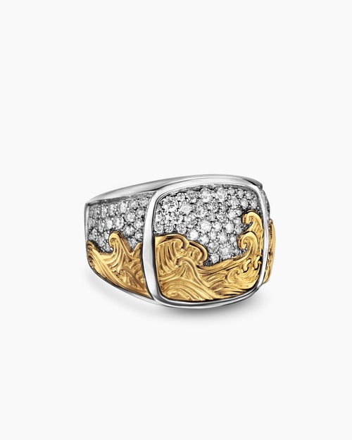 Mens Waves Signet Ring in Sterling Silver with 18K Yellow Gold and Diamonds, 18.8mm