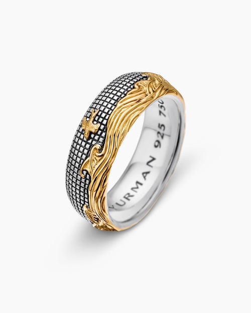 Mens Waves Band Ring in Sterling Silver with 18K Yellow Gold, 8.7mm