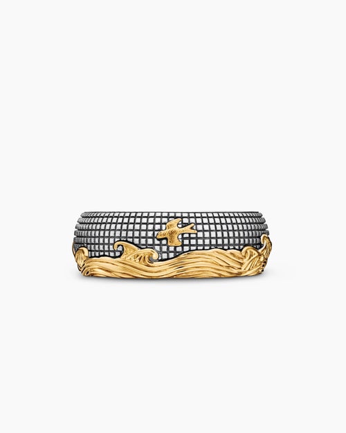 Mens Waves Band Ring in Sterling Silver with 18K Yellow Gold, 8.7mm