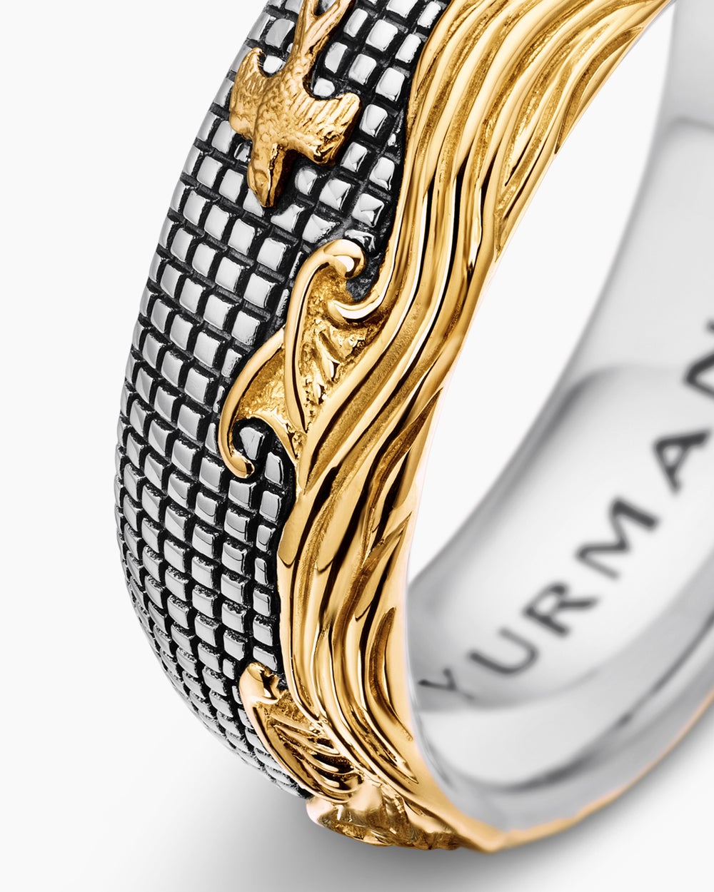 Mens Waves Band Ring in Sterling Silver with 18ct Yellow Gold, 8.7mm