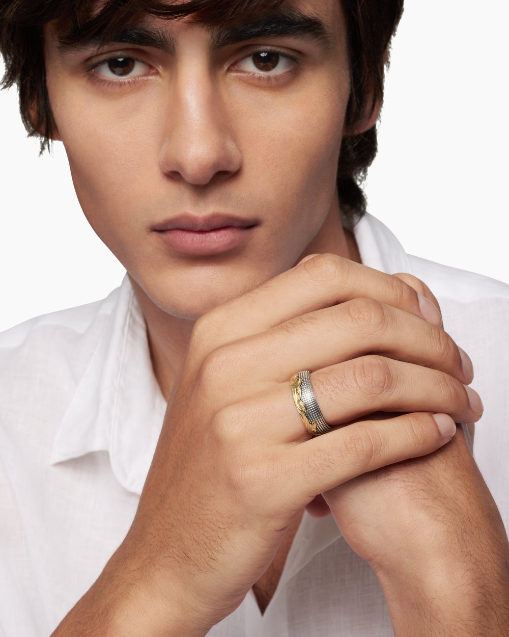 Mens Waves Band Ring in Sterling Silver with 18ct Yellow Gold, 8.7mm