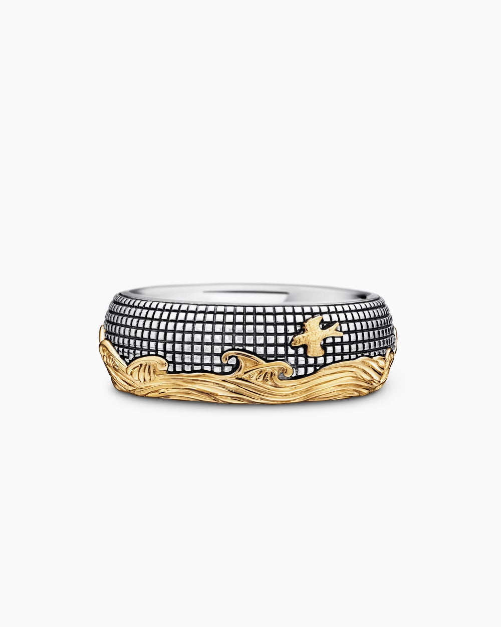 Mens Waves Band Ring in Sterling Silver with 18ct Yellow Gold, 8.7mm