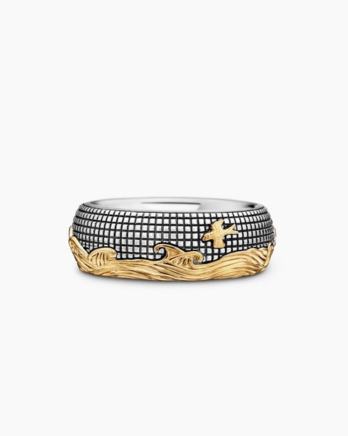 Mens Waves Band Ring in Sterling Silver with 18K Yellow Gold, 8.7mm
