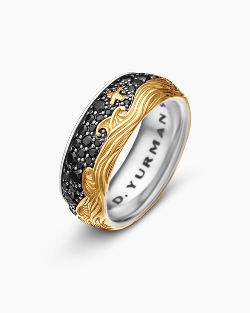 Mens Waves Band Ring in Sterling Silver with 18K Yellow Gold and Black Diamonds, 8.7mm