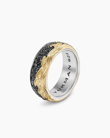 Waves Band Ring in Sterling Silver with 18K Yellow Gold and Black Diamonds, 8mm