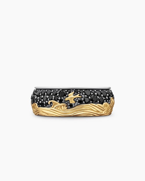 Mens Waves Band Ring in Sterling Silver with 18K Yellow Gold and Black Diamonds, 8.7mm