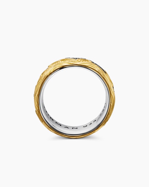 Mens Waves Band Ring in Sterling Silver with 18K Yellow Gold and Black Diamonds, 8.7mm