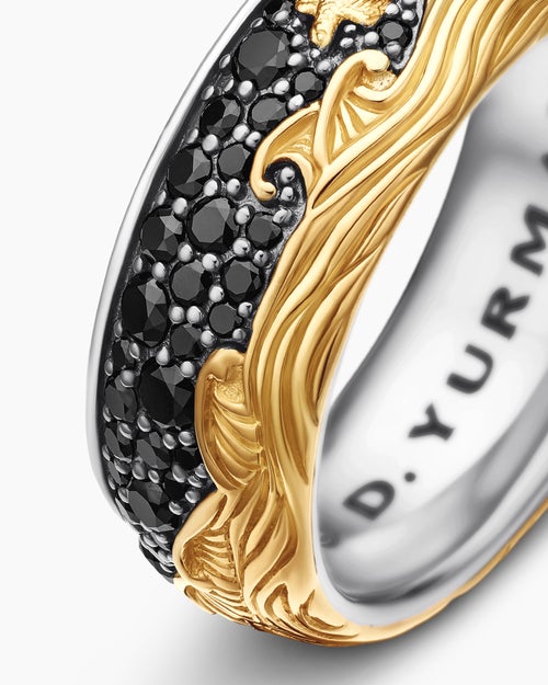 Mens Waves Band Ring in Sterling Silver with 18K Yellow Gold and Black Diamonds, 8.7mm