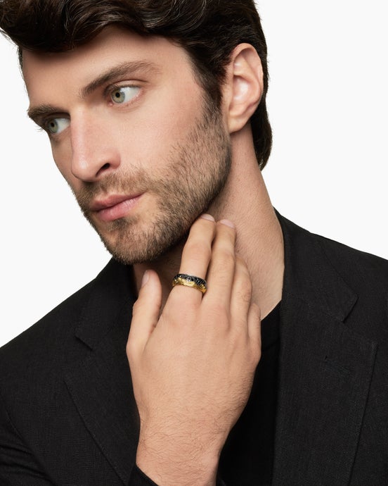 Waves Band Ring in Sterling Silver with 18K Yellow Gold and Black Diamonds, 8.7mm