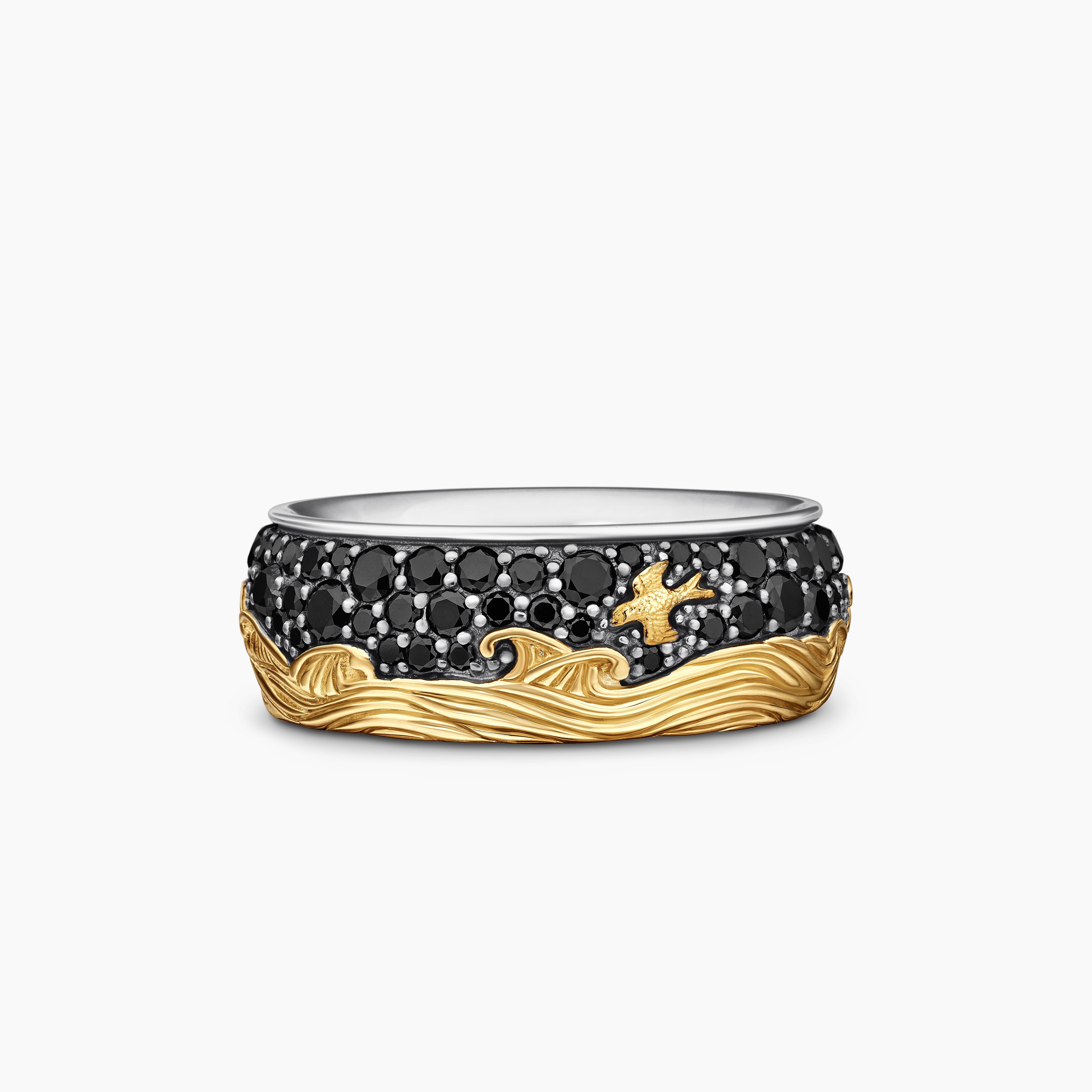 Mens Waves Band Ring in Sterling Silver with 18K Yellow Gold, 8.7mm