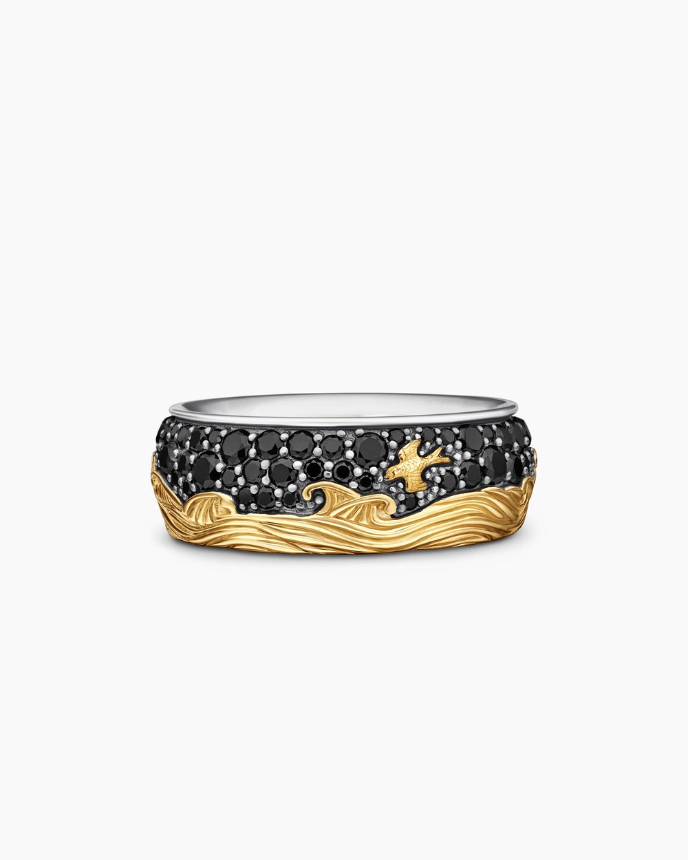 Mens Waves Band Ring in Sterling Silver with 18ct Yellow Gold, 8.7mm
