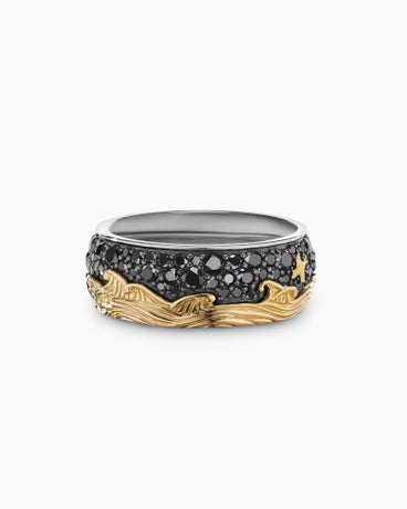 Waves Band Ring in Sterling Silver with 18K Yellow Gold and Black Diamonds, 8mm
