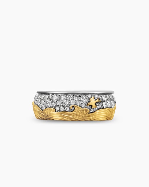 Mens Waves Band Ring in Sterling Silver with 18K Yellow Gold with Diamonds, 8.7mm