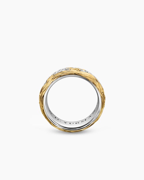 Mens Waves Band Ring in Sterling Silver with 18K Yellow Gold with Diamonds, 8.7mm