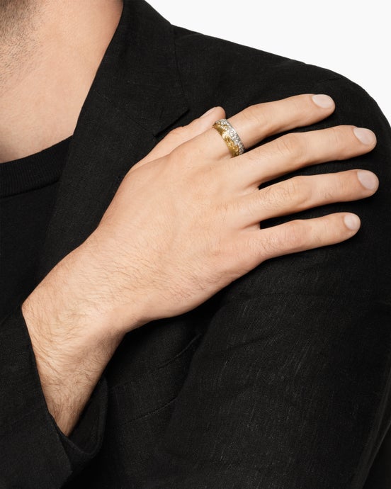 Waves Band Ring in Sterling Silver with 18K Yellow Gold with Diamonds, 9mm