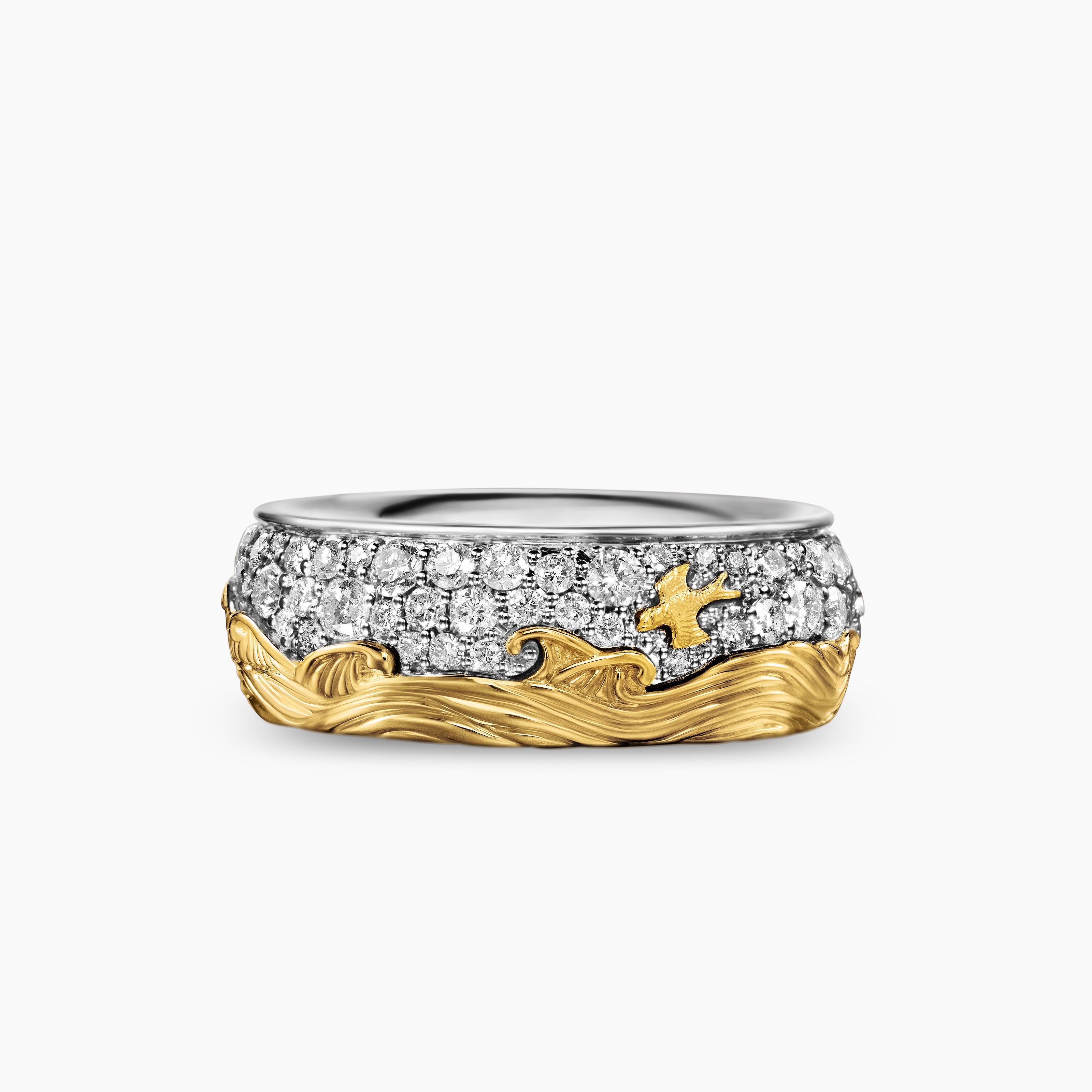 Mens Waves Band Ring in Sterling Silver with 18K Yellow Gold, 8.7mm