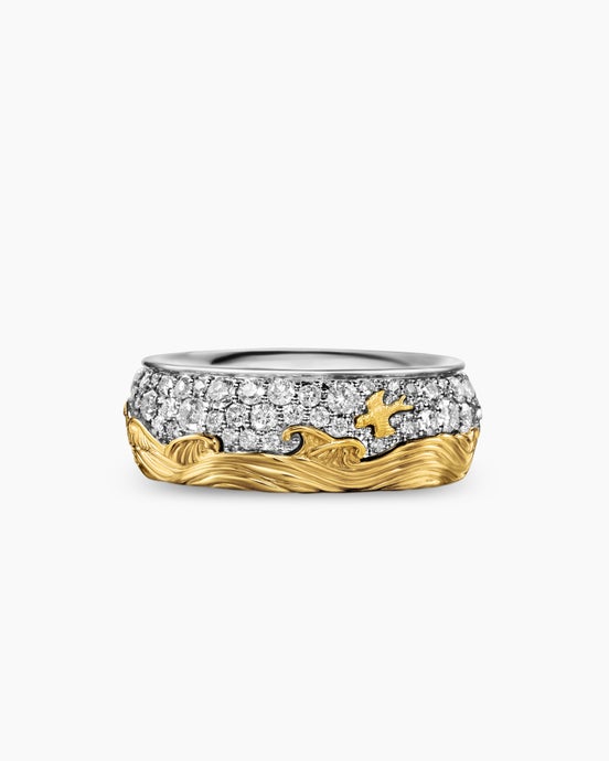 Waves Band Ring in Sterling Silver with 18K Yellow Gold with Diamonds, 9mm