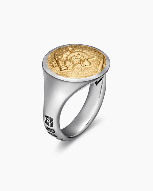 Mens Petrvs® Lion Signet Ring in Sterling Silver with 18ct Yellow Gold, 19mm
