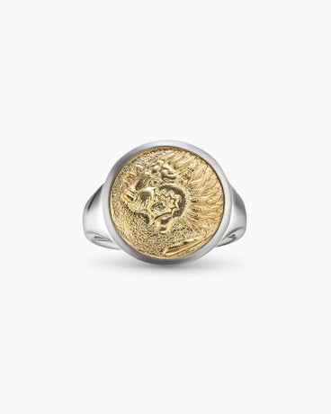 Petrvs® Lion Signet Ring in Sterling Silver with 18K Yellow Gold, 19mm