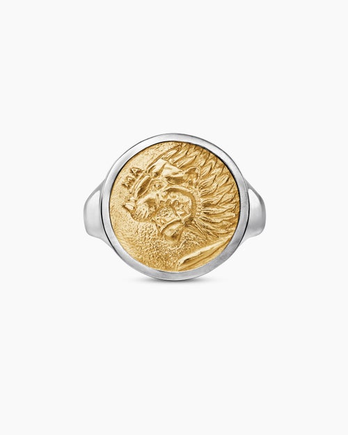 Mens Petrvs® Lion Signet Ring in Sterling Silver with 18ct Yellow Gold, 19mm