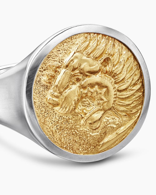 Mens Petrvs® Lion Signet Ring in Sterling Silver with 18ct Yellow Gold, 19mm